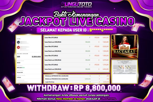 UNGUTOTO | BUKTI PEMENANG LIVE CASINO UNGUTOTO 26 JUNI 2025 RP. 8.800.000- LUNAS