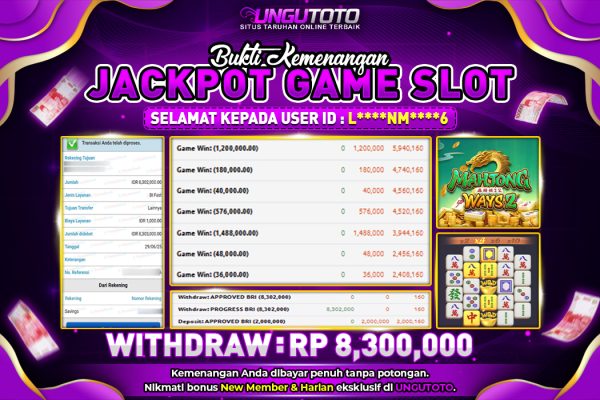 UNGUTOTO | BUKTI PEMENANG PGSOFT MAHJONG WAYS 2 UNGUTOTO 29 JUNI 2025 RP. 8.300.000,- LUNAS