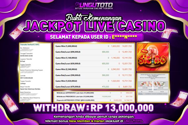 UNGUTOTO | BUKTI PEMENANG LIVE CASINO SIC BO UNGUTOTO 01 JULY 2025 RP. 13.000.000,- LUNAS