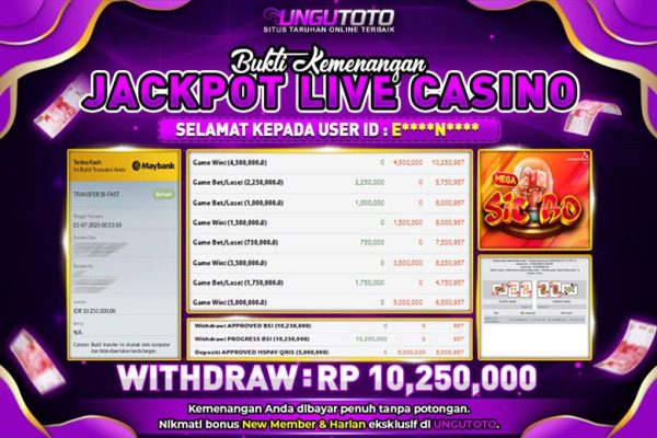 UNGUTOTO | BUKTI PEMENANG LIVE CASINO SIC BO UNGUTOTO 01 JULY 2025 RP. 10.250.000,- LUNAS