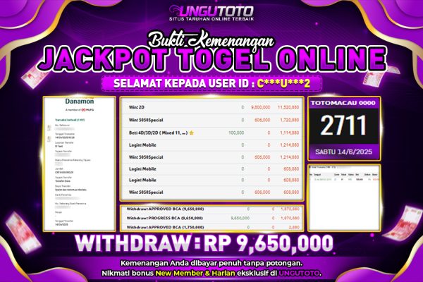 UNGUTOTO | BUKTI PEMENANG TOGEL TOTOMACAU0000 UNGUTOTO 14 JUNI 2025 RP. 9.650.000- LUNAS