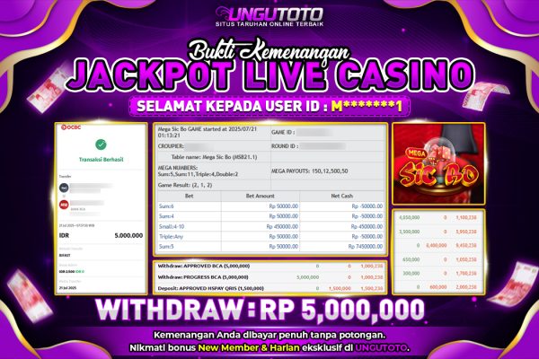 UNGUTOTO | BUKTI PEMENANG LIVE CASINO MEGA SIC BO UNGUTOTO 21 JULY 2025 RP. 21.000.000,- LUNAS