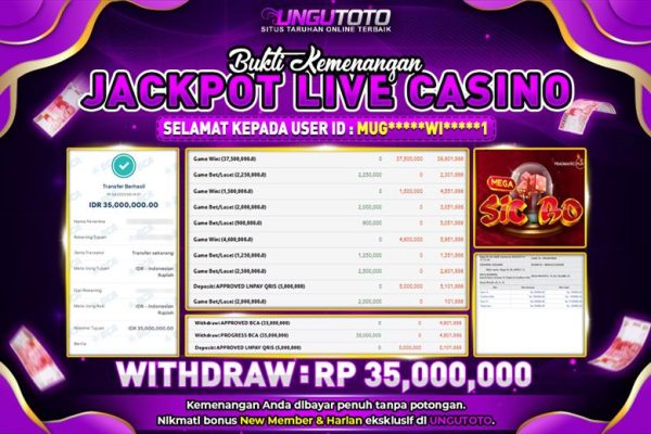 UNGUTOTO | BUKTI PEMENANG LIVE CASINO MEGA SIC BO UNGUTOTO 15 JULY 2025 RP. 35.000.000,- LUNAS