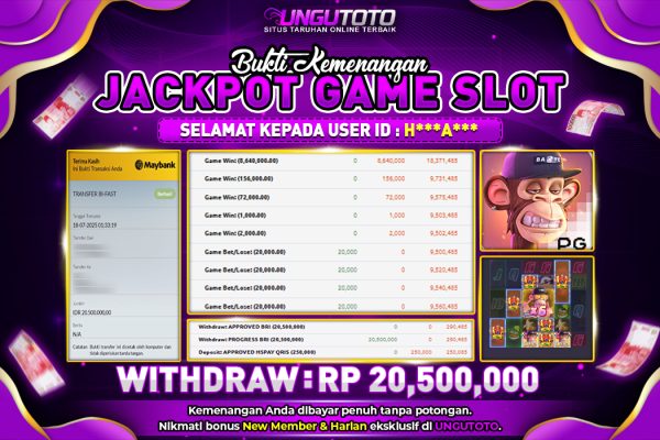 UNGUTOTO | BUKTI PEMENANG PGSOFT WILD APE #3258 UNGUTOTO 18 JULY 2025 RP. 20.500.000,- LUNAS