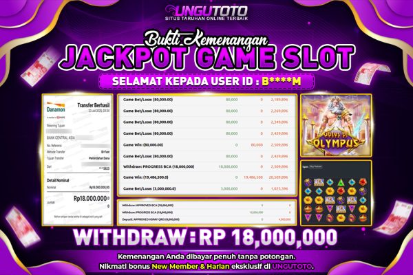 UNGUTOTO | BUKTI PEMENANG PRAGMATIC GATES OF OLYMPUS UNGUTOTO 23 JULY 2025 RP. 18.000.000,- LUNAS
