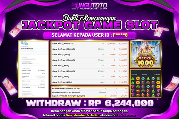 UNGUTOTO | BUKTI PEMENANG PRAGMATIC GATES OF OLYMPUS 1000 UNGUTOTO 27 AGUSTUS 2025 RP. 6,244,000.-