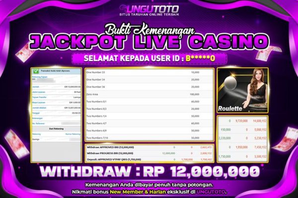 UNGUTOTO | BUKTI PEMENANG LIVE CASINO ROULETTE UNGUTOTO 05 AGUSTUS 2025 RP. 12.000.000,- LUNAS