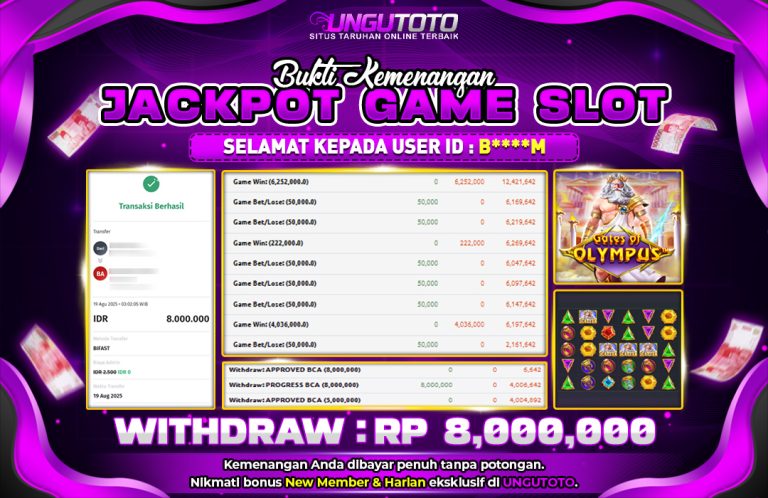 UNGUTOTO | BUKTI PEMENANG PRAGMATIC OLYMPUS SUPER SCATER UNGUTOTO 19 AGUSTUS 2025 RP.8,000,000.-
