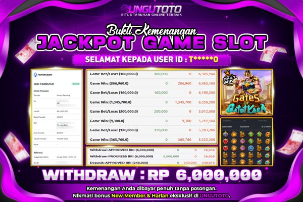 UNGUTOTO | BUKTI PEMENANG PRAGMATIC GATES OF GATOTKACA UNGUTOTO 06 AGUSTUS 2025 RP. 6.000.000,- LUNAS