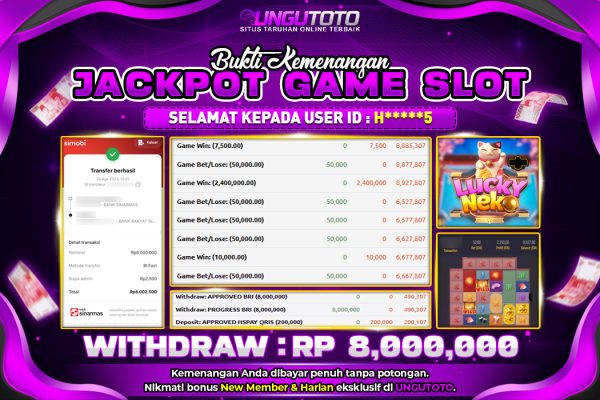 UNGUTOTO | BUKTI PEMENANG PGSOFT LUCKY NEKO UNGUTOTO 30 AGUSTUS 2025 RP. 8,000,000.-