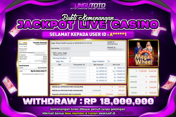UNGUTOTO | BUKTI PEMENANG LIVE CASINO MEGA WHEEL UNGUTOTO 24 AGUSTUS 2025 RP. 18,000,000.-