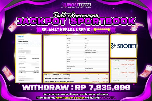 UNGUTOTO | BUKTI PEMENANG SBOBET PARLAY UNGUTOTO 03 AGUSTUS 2025 RP. 7.835.000,- LUNAS