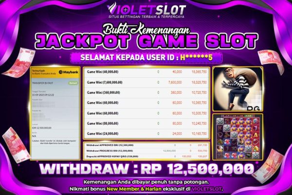 VIOLETSLOT | BUKTI PEMENANG PGSOFT WILD HEIST CASHOUT TANGGAL 15 SEPTEMBER 2025 RP. 12,500,000,. LUNAS