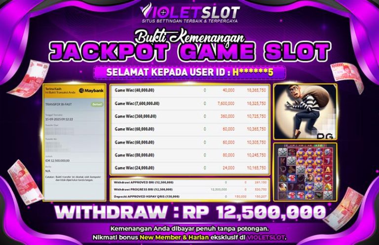 VIOLETSLOT | BUKTI PEMENANG PGSOFT WILD HEIST CASHOUT TANGGAL 15 SEPTEMBER 2025 RP. 12,500,000,. LUNAS