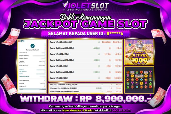 VIOLETSLOT | BUKTI PEMENANG PRAGAMTIC PLAY GATES OF OLYMPUS 1000 TANGGAL 08 OKTOBER 2025 RP. 8,900,000,. LUNAS