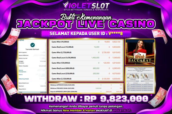 VIOLETSLOT | BUKTI PEMENANG LIVE CASINO SPEED BACCARAT TANGGAL 13 OKTOBER 2025 RP. 9,823,000,. LUNAS