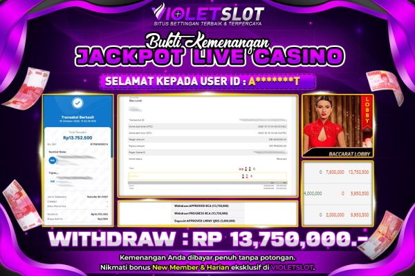 VIOLETSLOT | BUKTI PEMENANG LIVE CASINO BACCARAT LOBBY TANGGAL 15 OKTOBER 2025 RP. 13,750,000,. LUNAS