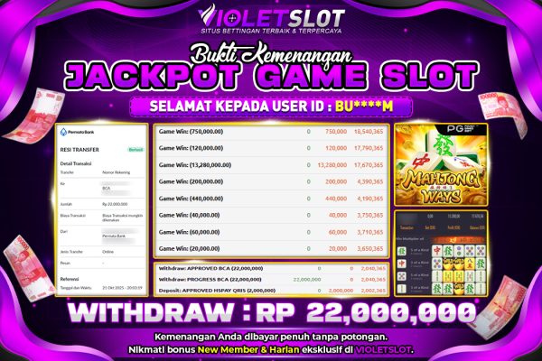 VIOLETSLOT | BUKTI PEMENANG SLOT PG SOFT – MAHJONG WAYS TANGGAL 21 OKTOBER 2025 RP. 22,000,000,. LUNAS
